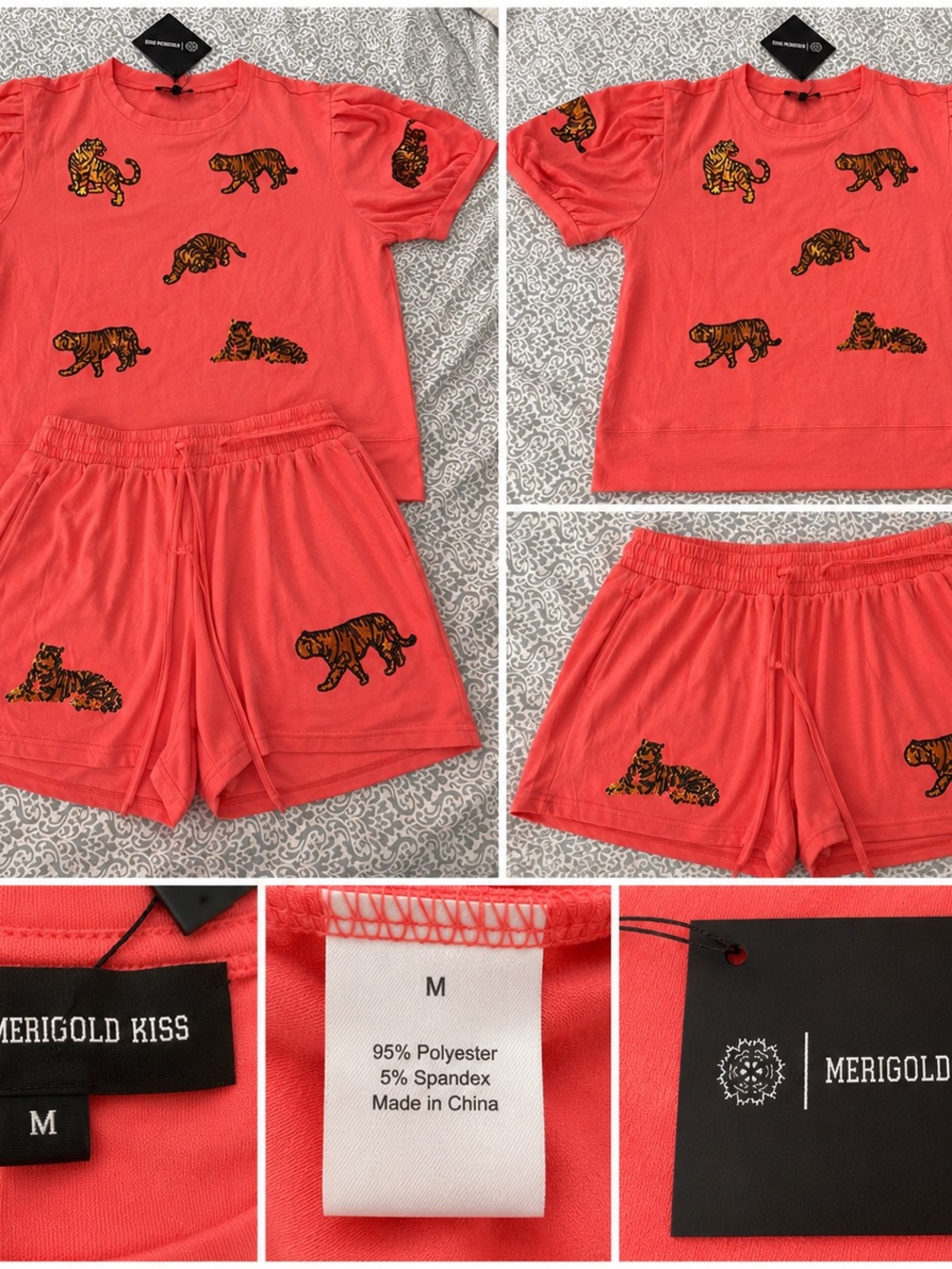 Merigold Kiss Tiger Sequin 2 Piece Top & Shorts Set Coral